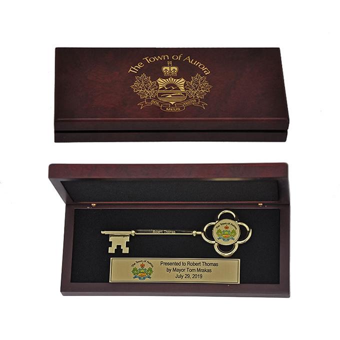 Customized 5-1/2 inch Gold Stratford Key in 8 inch Rosewood Ceremonial Scissors Display Box