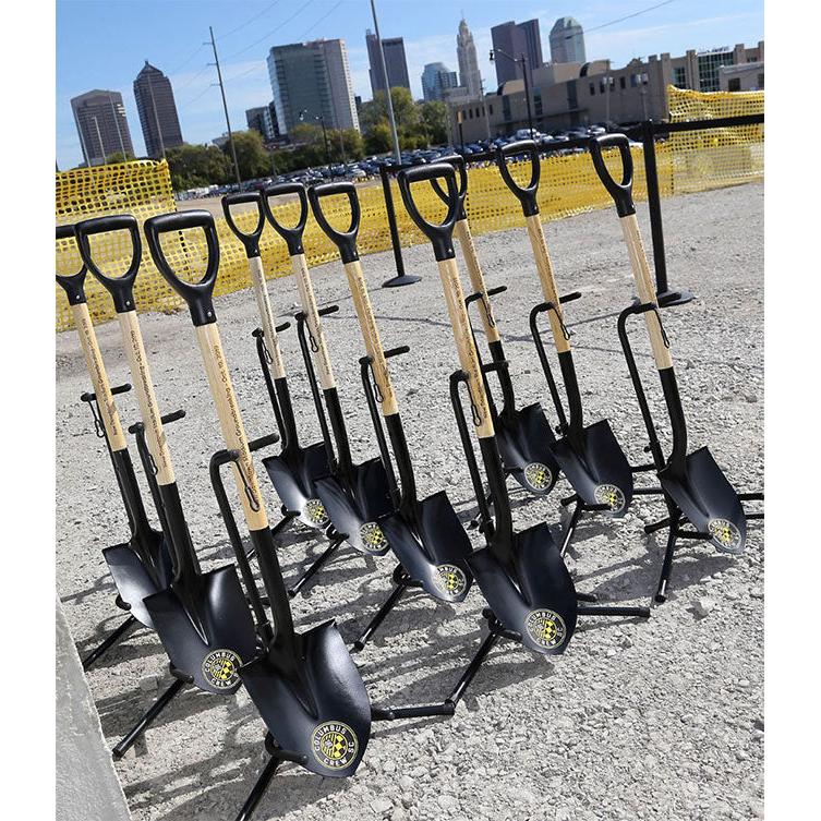 Black Painted Shovel Blade and Handle on Economy Metal Groundbreaking Stand