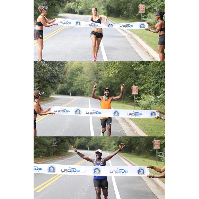 Collage of runners crossing a finish line with a LACROSSE brand banner.