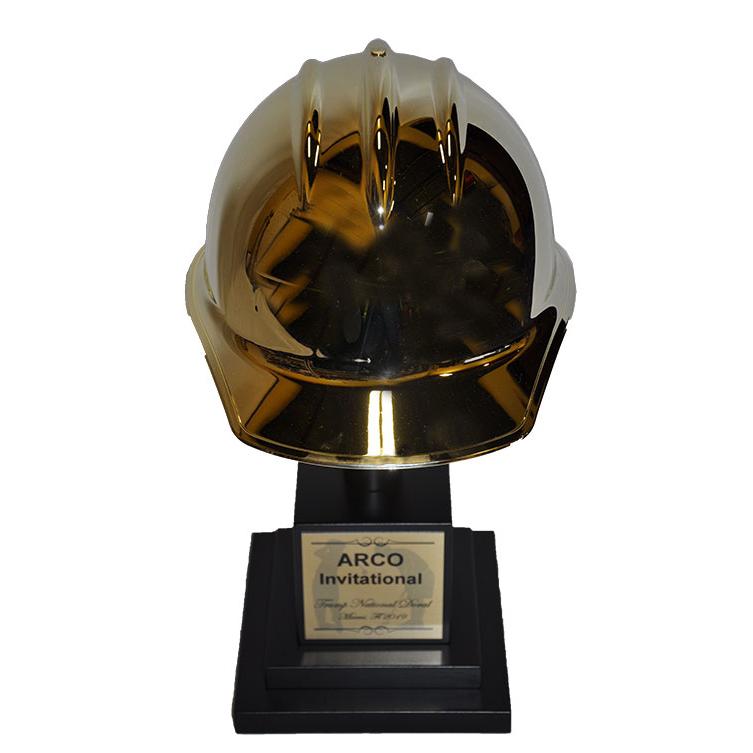 Metallic Gold Plated Ceremonial Hard Hat on Display Stand