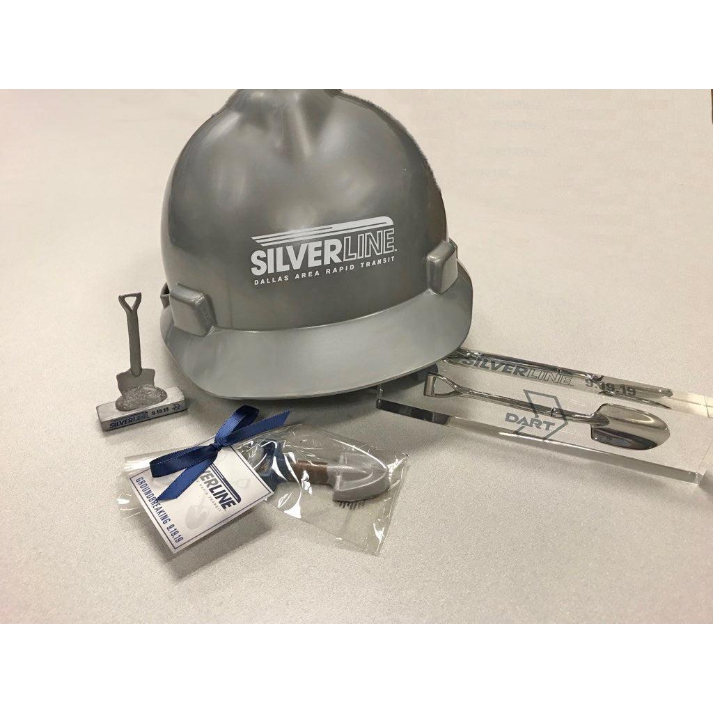 Miniature Pewter Shovel Base Award, Gourmet Chocolate Shovels, Silver Shovel Acrylic Block, and Silver Sparkle V-Guard Show Hat