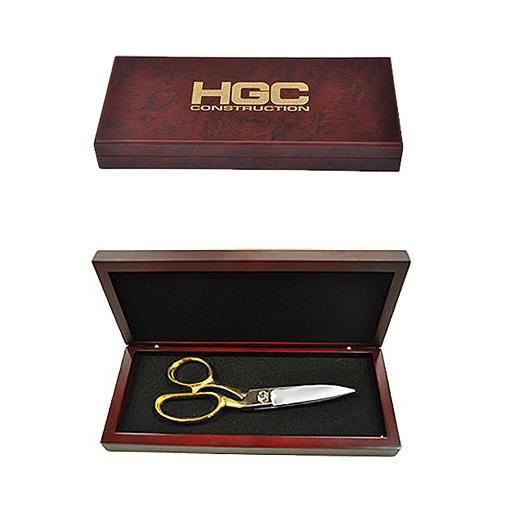 Mini Gold Chrome 6 inch Ceremonial Scissors inside 8 inch Rosewood Ceremonial Scissors Display Box
