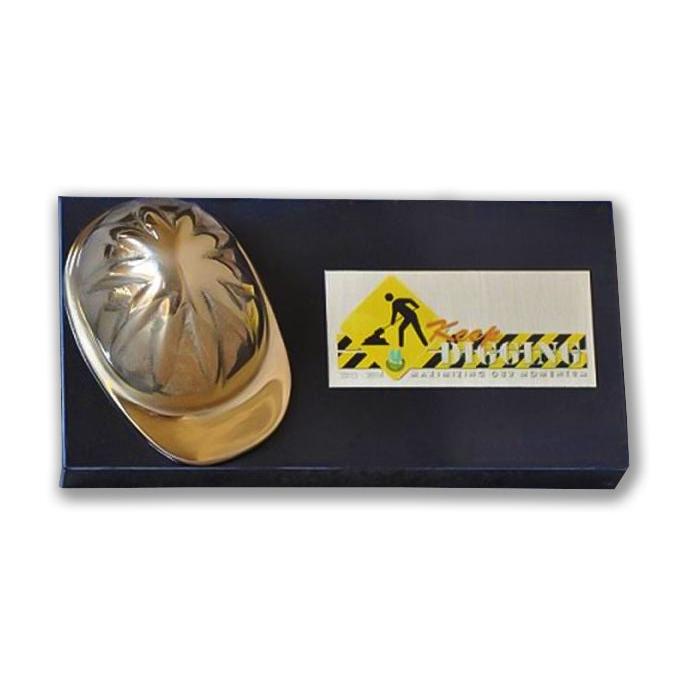 Gold Hard Hat on Black Marble Base with Plate