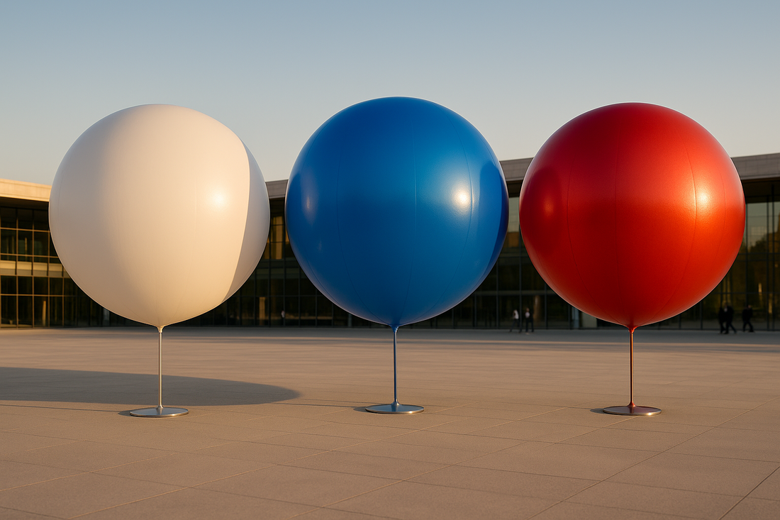 giant balloons in white, blue, and red
