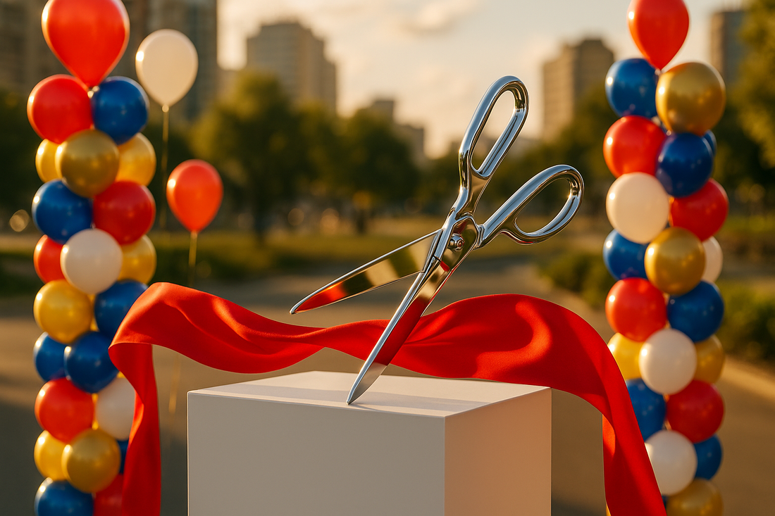 Ribbon-cutting ceremony decorations including balloon towers, ribbon, and scissors
