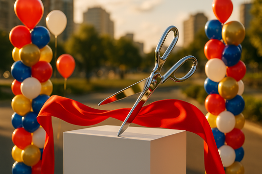 Ribbon-cutting ceremony decorations including balloon towers, ribbon, and scissors