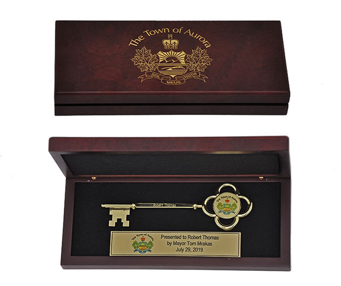 Customized 5-1/2 inch Gold Stratford Key in  8 inch Rosewood Ceremonial Scissors Display Box