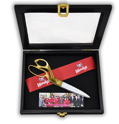 9.5 inch Gold and Chrome Ceremonial Scissors in Black Display Cabinet