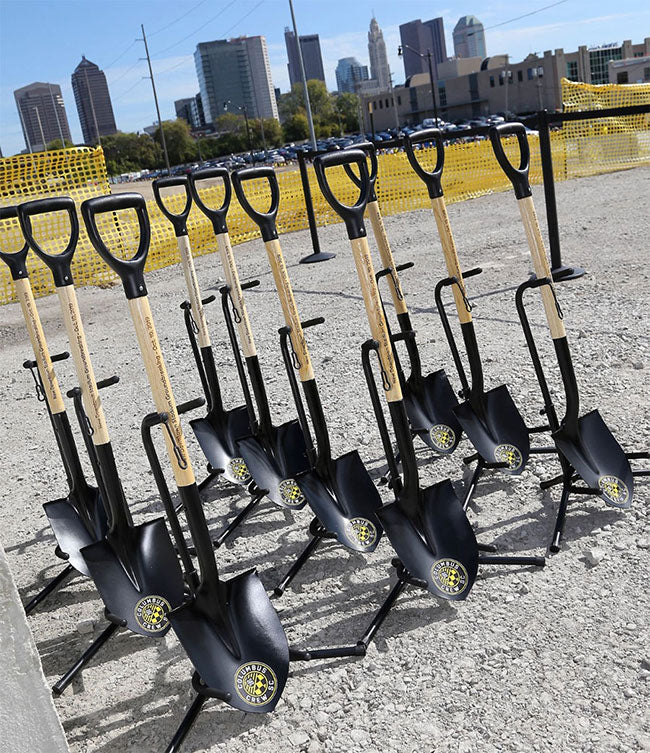 Black Painted Shovel Blade and Handle on Economy Metal Groundbreaking Stand