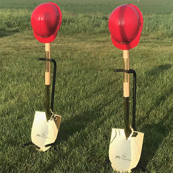 Gold Flat Shovel with Metal plate on stem, Engraving on blade on Economy Shovel Display Stand