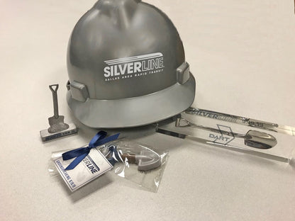 Miniature Pewter Shovel Base Award, Gourmet Chocolate Shovels, Silver Shovel Acrylic Block, and Silver Sparkle V-Guard Show Hat