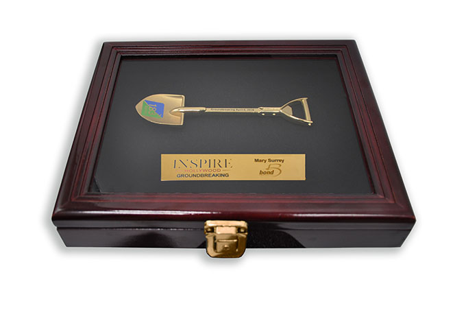 Shiny Gold Shovel in Cherry Ceremonial Display Cabinet