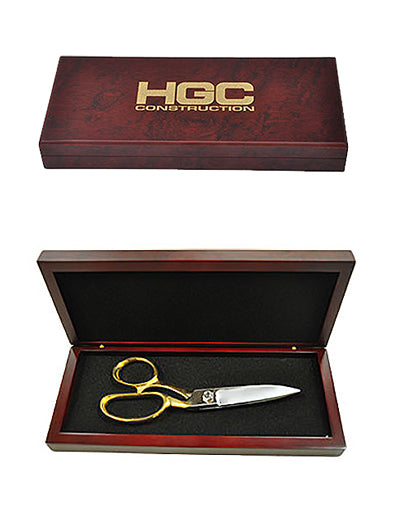 Mini Gold Chrome 6 inch Ceremonial Scissors inside 8 inch Rosewood Ceremonial Scissors Display Box